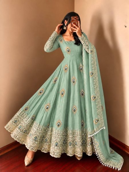 Sustainable Mint Green Party Wear Fendy Silk Gown with Heavy Sequin Work Dupatta Ready To Wear Collection
