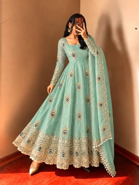 Sustainable Mint Green Party Wear Fendy Silk Gown with Heavy Sequin Work Dupatta Ready To Wear Collection