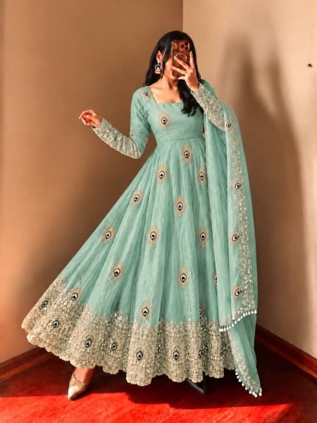 Sustainable Mint Green Party Wear Fendy Silk Gown with Heavy Sequin Work Dupatta Ready To Wear Collection
