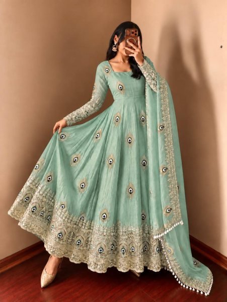 Sustainable Mint Green Party Wear Fendy Silk Gown with Heavy Sequin Work Dupatta Ready To Wear Collection