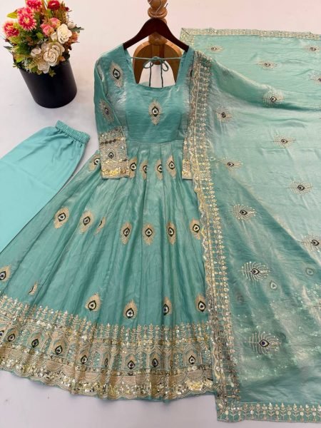 Sustainable Mint Green Party Wear Fendy Silk Gown with Heavy Sequin Work Dupatta Ready To Wear Collection