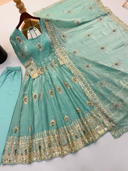 Sustainable Mint Green Party Wear Fendy Silk Gown with Heavy Sequin Work Dupatta Ready To Wear Collection