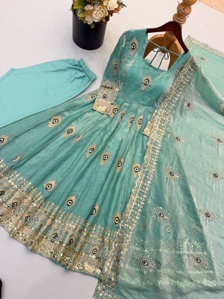 Sustainable Mint Green Party Wear Fendy Silk Gown with Heavy Sequin Work Dupatta Ready To Wear Collection