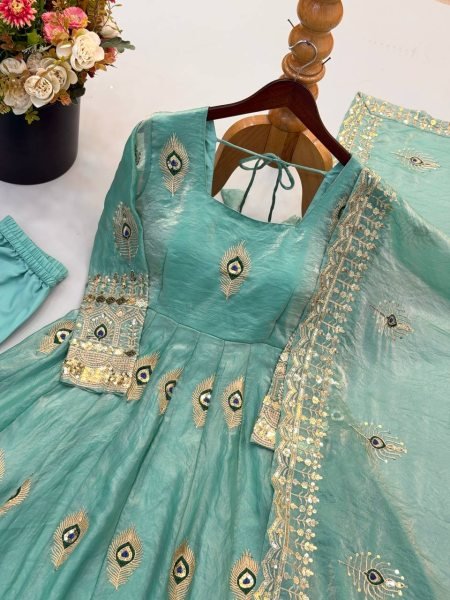 Sustainable Mint Green Party Wear Fendy Silk Gown with Heavy Sequin Work Dupatta Ready To Wear Collection