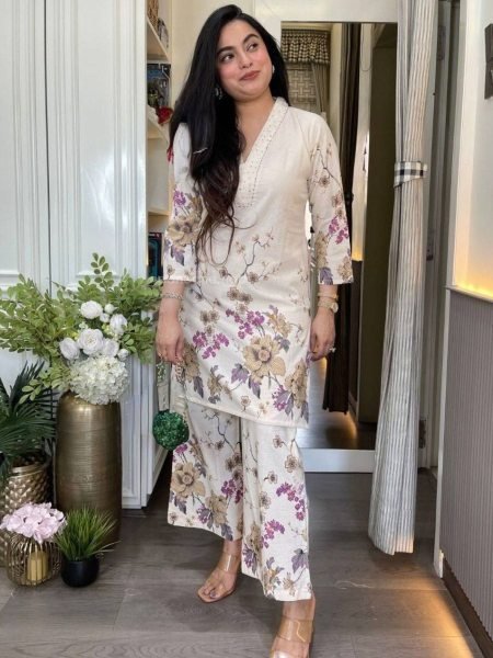 Sustainable OffWhite Purple Pure Lilan Cotton Co Ord Kurti Set for Women Kurtis