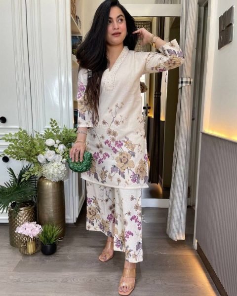 Sustainable OffWhite Purple Pure Lilan Cotton Co Ord Kurti Set for Women CO ORD Sets
