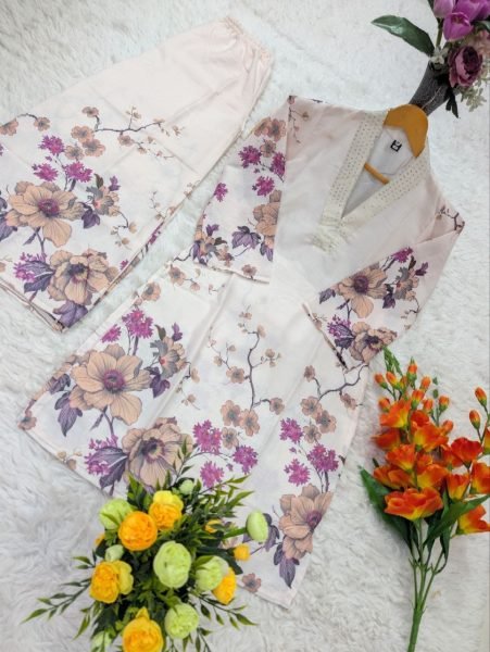 Sustainable OffWhite Purple Pure Lilan Cotton Co Ord Kurti Set for Women CO ORD Sets