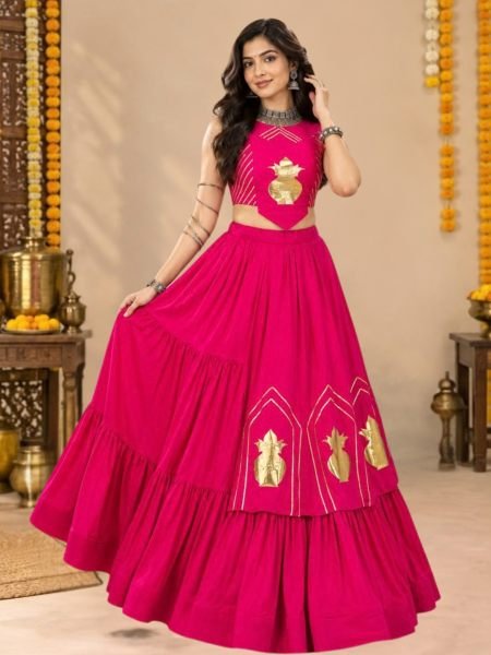 Sustainable Pink Designer Rayon Cotton Lehenga Choli with Gota Patti at Wholesale Rate 