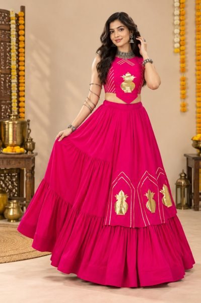Sustainable Pink Designer Rayon Cotton Lehenga Choli with Gota Patti at Wholesale Rate Navratri Lehnega Choli