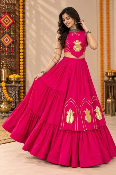 Sustainable Pink Designer Rayon Cotton Lehenga Choli with Gota Patti at Wholesale Rate Navratri Lehnega Choli
