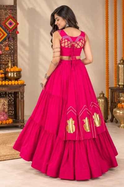 Sustainable Pink Designer Rayon Cotton Lehenga Choli with Gota Patti at Wholesale Rate Navratri Lehnega Choli