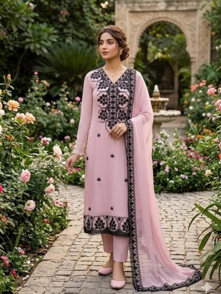 Sustainable Pink Georgette Multi Aari Work Suit Set with Heavy Santoon Bottom 
