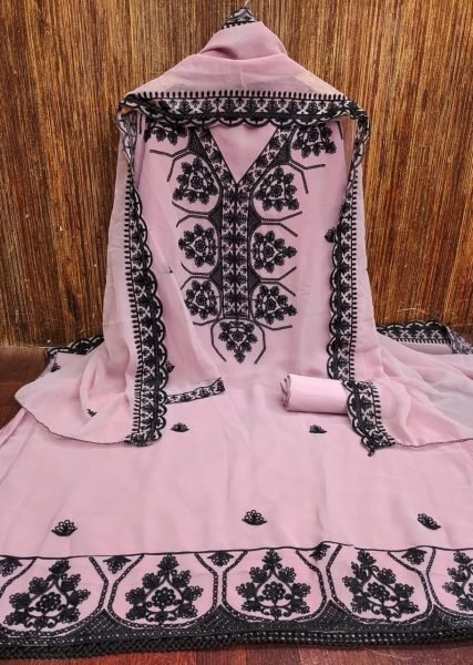 Sustainable Pink Georgette Multi Aari Work Suit Set with Heavy Santoon Bottom Color Set Matching Dress Material Wholesale