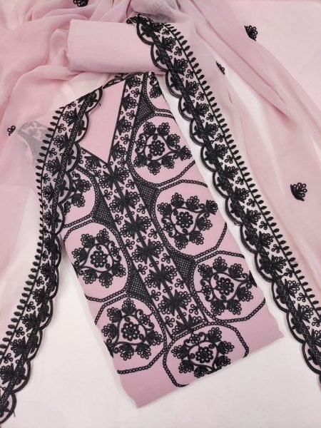 Sustainable Pink Georgette Multi Aari Work Suit Set with Heavy Santoon Bottom Color Set Matching Dress Material Wholesale