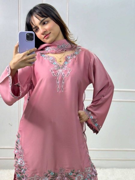 Sustainable Pink Stylish Crepe Suit with Sequence Work for Festive Functions Ready To Wear Suit