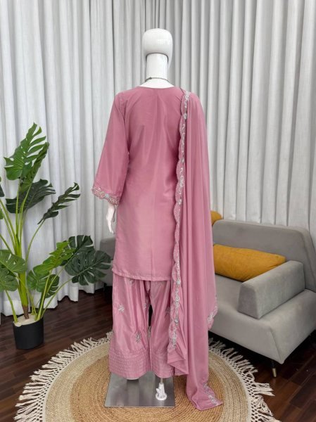 Sustainable Pink Stylish Crepe Suit with Sequence Work for Festive Functions Ready To Wear Collection