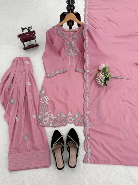 Sustainable Pink Stylish Crepe Suit with Sequence Work for Festive Functions Ready To Wear Collection