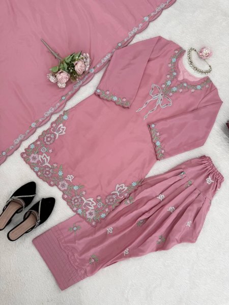 Sustainable Pink Stylish Crepe Suit with Sequence Work for Festive Functions Ready To Wear Collection