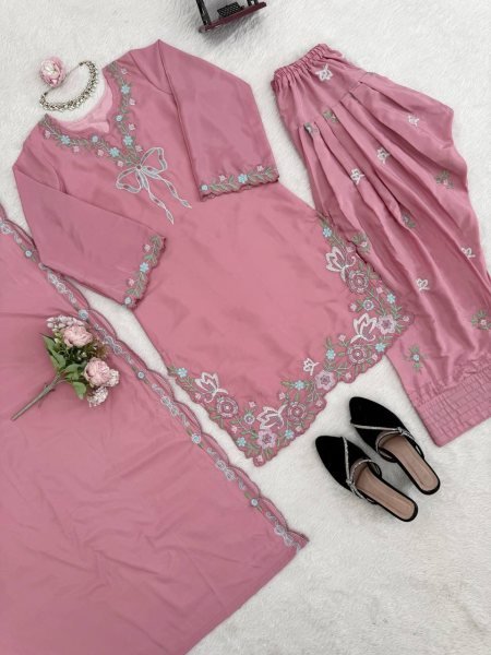 Sustainable Pink Stylish Crepe Suit with Sequence Work for Festive Functions Ready To Wear Collection