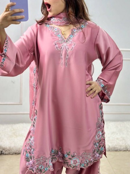 Sustainable Pink Stylish Crepe Suit with Sequence Work for Festive Functions Ready To Wear Collection