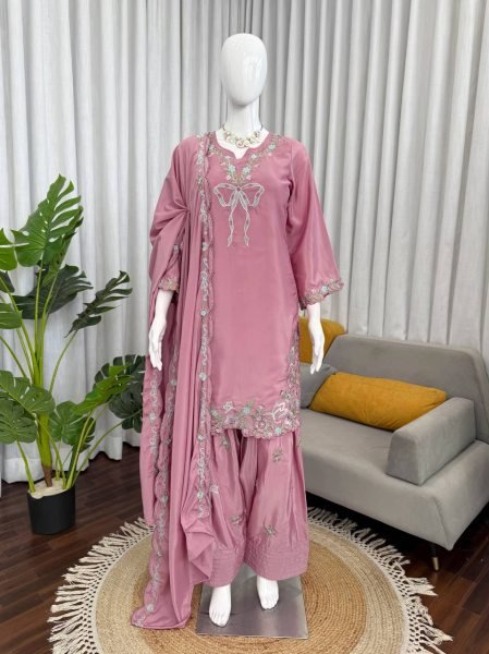 Sustainable Pink Stylish Crepe Suit with Sequence Work for Festive Functions Ready To Wear Collection