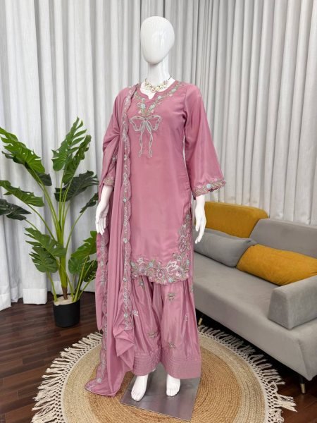 Sustainable Pink Stylish Crepe Suit with Sequence Work for Festive Functions Ready To Wear Collection
