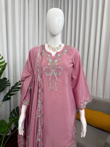 Sustainable Pink Stylish Crepe Suit with Sequence Work for Festive Functions Ready To Wear Collection