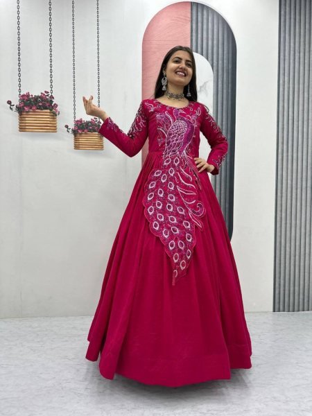 Sustainable Pink Vichitra Silk Gown with Heavy Embroidery Work for Party Wear 