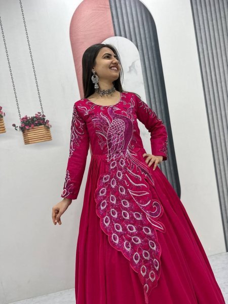 Sustainable Pink Vichitra Silk Gown with Heavy Embroidery Work for Party Wear Designer Lehenga Choli
