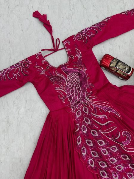 Sustainable Pink Vichitra Silk Gown with Heavy Embroidery Work for Party Wear Designer Lehenga Choli