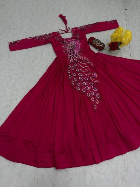 Sustainable Pink Vichitra Silk Gown with Heavy Embroidery Work for Party Wear Designer Lehenga Choli