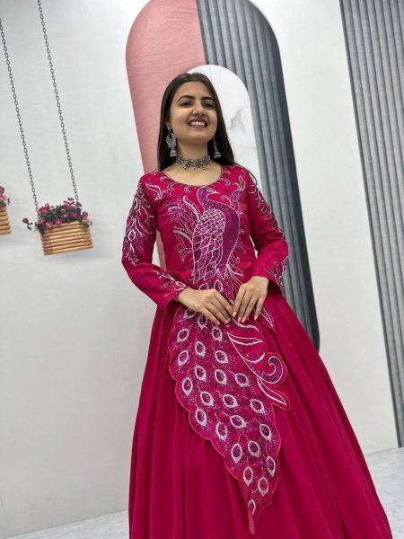 Sustainable Pink Vichitra Silk Gown with Heavy Embroidery Work for Party Wear Designer Lehenga Choli