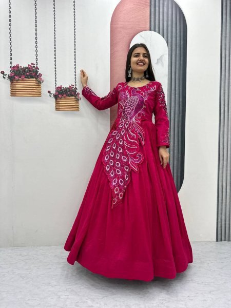Sustainable Pink Vichitra Silk Gown with Heavy Embroidery Work for Party Wear Designer Lehenga Choli