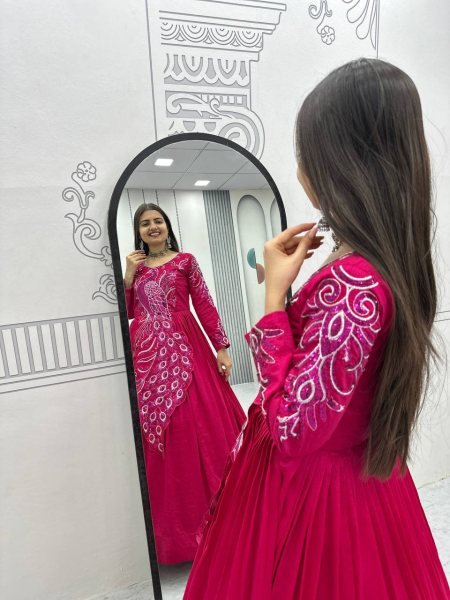 Sustainable Pink Vichitra Silk Gown with Heavy Embroidery Work for Party Wear Designer Lehenga Choli