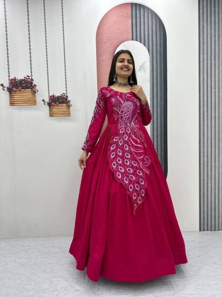 Sustainable Pink Vichitra Silk Gown with Heavy Embroidery Work for Party Wear Designer Lehenga Choli