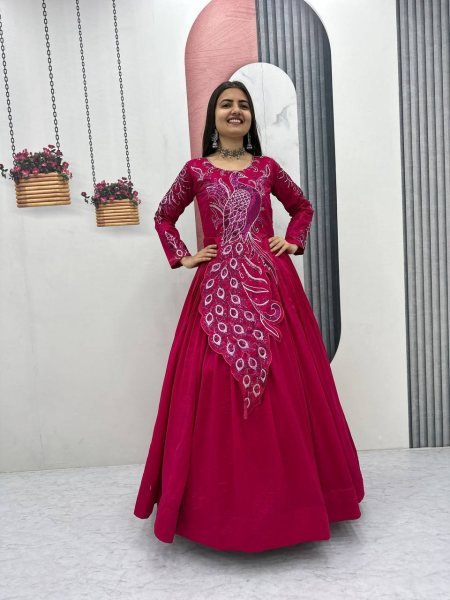 Sustainable Pink Vichitra Silk Gown with Heavy Embroidery Work for Party Wear Designer Lehenga Choli
