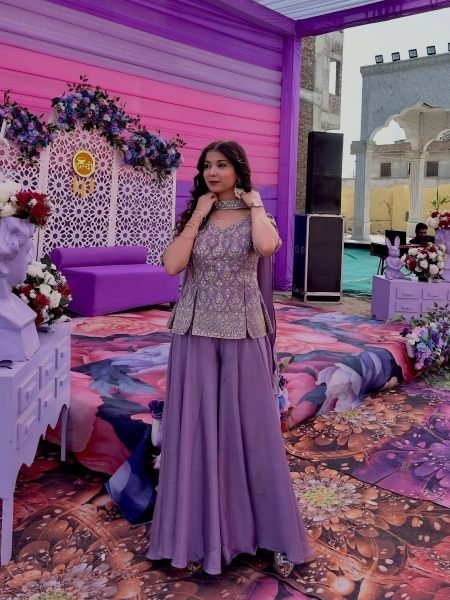 Sustainable Purple Chinnon Embroidered Top with Solid Bottom & Matching Dupatta For Functions 
