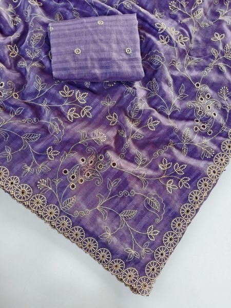 Sustainable Purple Pure Soft Silk Saree with All Over Floral Thread Embroidery For Wedding Silk Sarees Wholesale