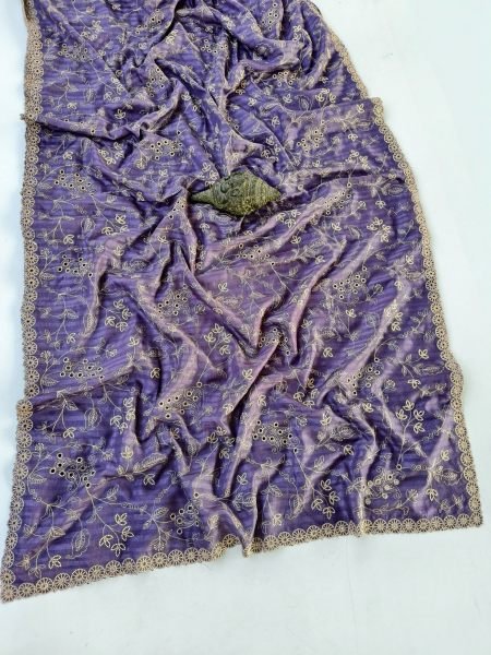 Sustainable Purple Pure Soft Silk Saree with All Over Floral Thread Embroidery For Wedding Silk Sarees Wholesale