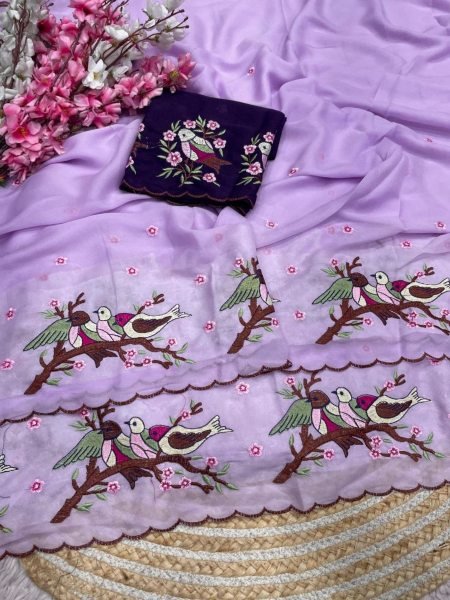 Sustainable Purple Star Georgette Saree with Unstitch Embroidered Blouse at Manufacturer Rate 