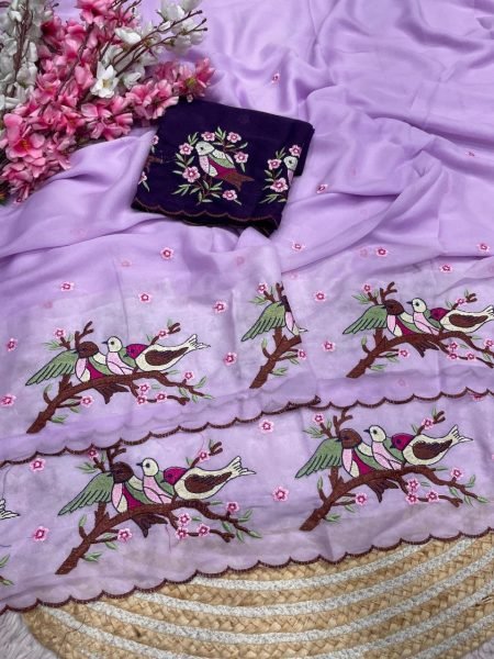 Sustainable Purple Star Georgette Saree with Unstitch Embroidered Blouse at Manufacturer Rate Bollywood Fancy Sarees Wholesale
