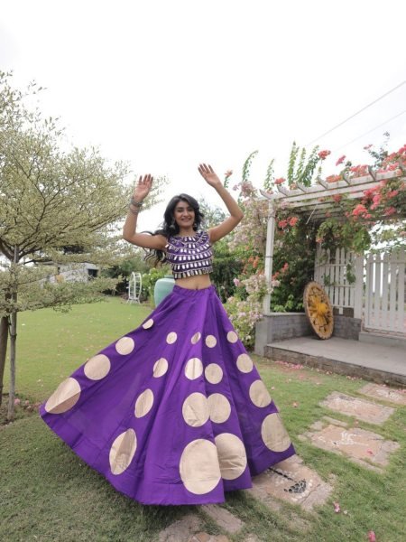 Sustainable Purple Women's Roman Silk Navratri Lehenga Set with Mirror Lace Work  Lehenga