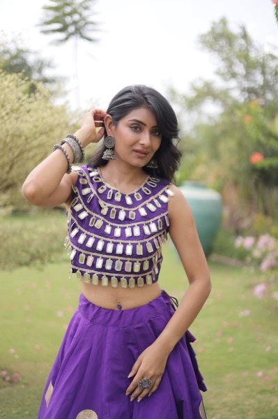 Sustainable Purple Women's Roman Silk Navratri Lehenga Set with Mirror Lace Work Navratri Lehnega Choli