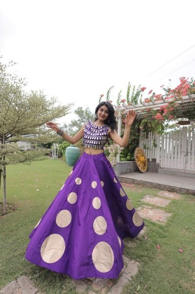 Sustainable Purple Women's Roman Silk Navratri Lehenga Set with Mirror Lace Work Navratri Lehnega Choli