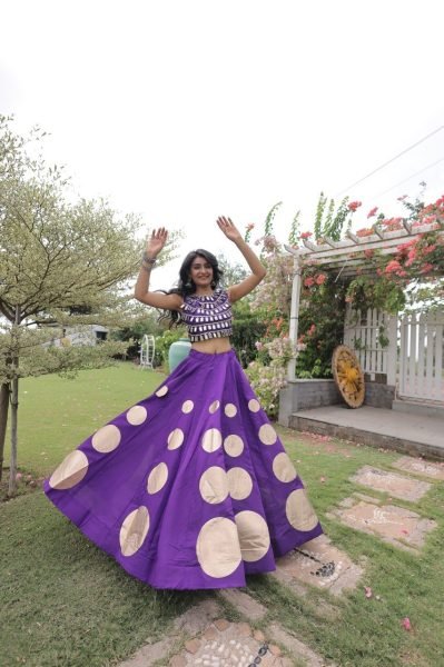 Sustainable Purple Women's Roman Silk Navratri Lehenga Set with Mirror Lace Work Navratri Lehnega Choli