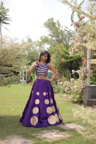 Sustainable Purple Women's Roman Silk Navratri Lehenga Set with Mirror Lace Work Navratri Lehnega Choli