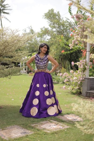 Sustainable Purple Women's Roman Silk Navratri Lehenga Set with Mirror Lace Work Navratri Lehnega Choli
