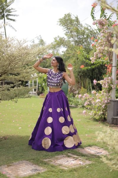 Sustainable Purple Women's Roman Silk Navratri Lehenga Set with Mirror Lace Work Navratri Lehnega Choli