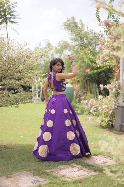 Sustainable Purple Women's Roman Silk Navratri Lehenga Set with Mirror Lace Work Navratri Lehnega Choli
