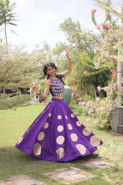 Sustainable Purple Women's Roman Silk Navratri Lehenga Set with Mirror Lace Work Navratri Lehnega Choli